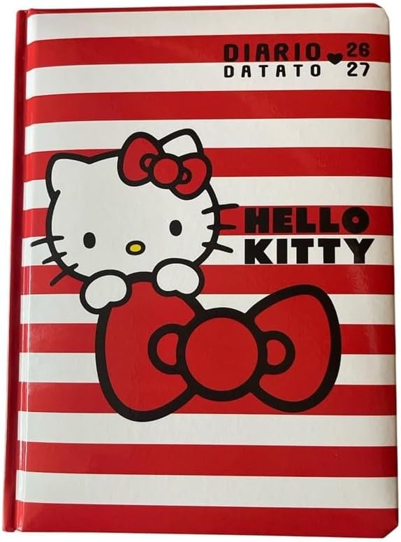 Hello Kitty Diario Datato 2026/2027, Agenda Giornaliera con Copertina Rigida, Tema Hello Kitty, Rosso e Bianco a Righe
