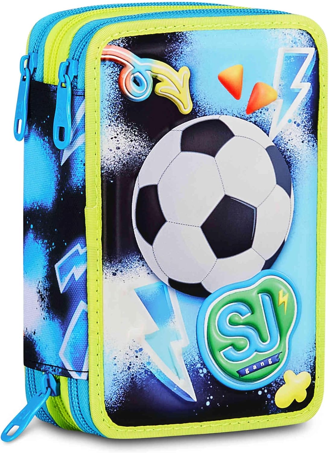 SJ Gang Astuccio Scuola 3 Zip 3D Glowgame Blu con Pallone in Rilievo