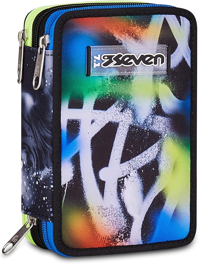 Seven Astuccio Scuola 3 zip BUZZY NOTE BOY, Multicolore, Portapenne attrezzato, Triplo scomparto, 45 pezzi, Completo di penne, matite e colori