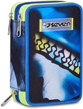 Seven Astuccio Scuola 3 zip BLU FUSION, Blu, Portapenne attrezzato, Triplo scomparto, 45 pezzi, Completo di matite penne, matite e colori