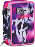 Seven Astuccio Scuola 3 zip BUZZY NOTE GIRL, Rosa, Portapenne attrezzato, Triplo scomparto, 45 pezzi, Completo di penne, matite e colori