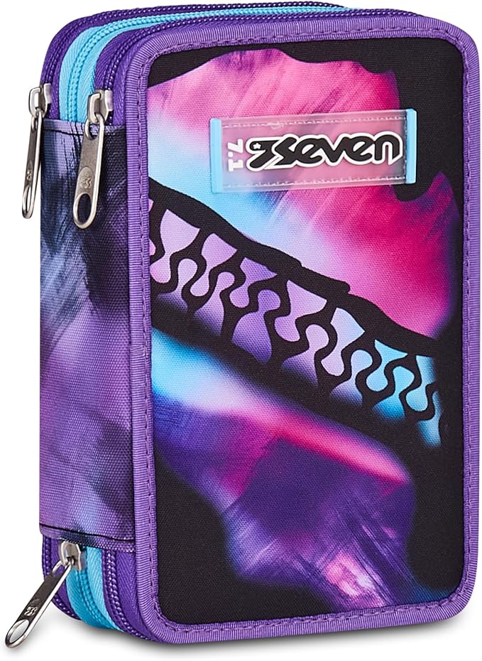 Seven Astuccio Scuola 3 zip PINK FUSION, Viola, Portapenne attrezzato, Triplo scomparto, 45 pezzi, Completo di penne, matite e colori