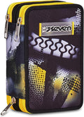 Seven Astuccio Scuola 3 zip GOLDEN PAINT, Nero, Portapenne attrezzato, Triplo scomparto, 45 pezzi, Completo di penne, matite e colori
