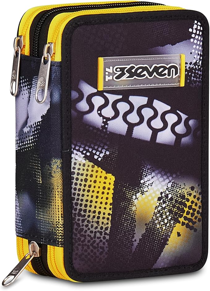 Seven Astuccio Scuola 3 zip GOLDEN PAINT, Nero, Portapenne attrezzato, Triplo scomparto, 45 pezzi, Completo di penne, matite e colori