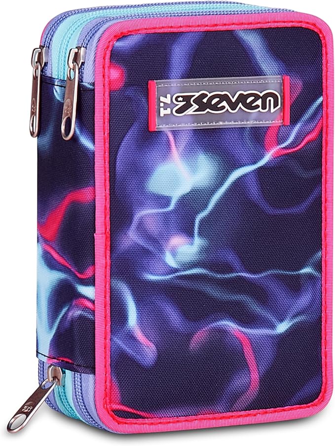 Seven Astuccio Scuola 3 zip ELECTRICVIBE GIRL, Rosa, Portapenne attrezzato, Triplo scomparto, 45 pezzi, Completo di penne, matite e colori