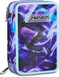 Seven Astuccio Scuola 3 zip LOVEPASS, Viola, Portapenne attrezzato, Triplo scomparto, 45 pezzi, Completo di matite penne e colori