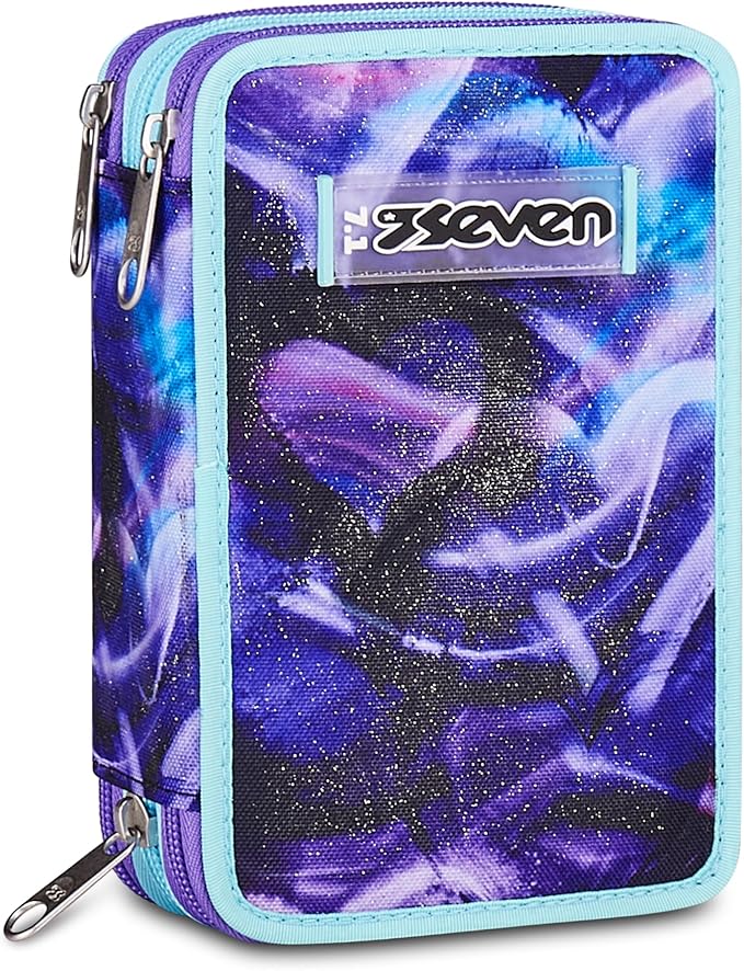 Seven Astuccio Scuola 3 zip LOVEPASS, Viola, Portapenne attrezzato, Triplo scomparto, 45 pezzi, Completo di matite penne e colori