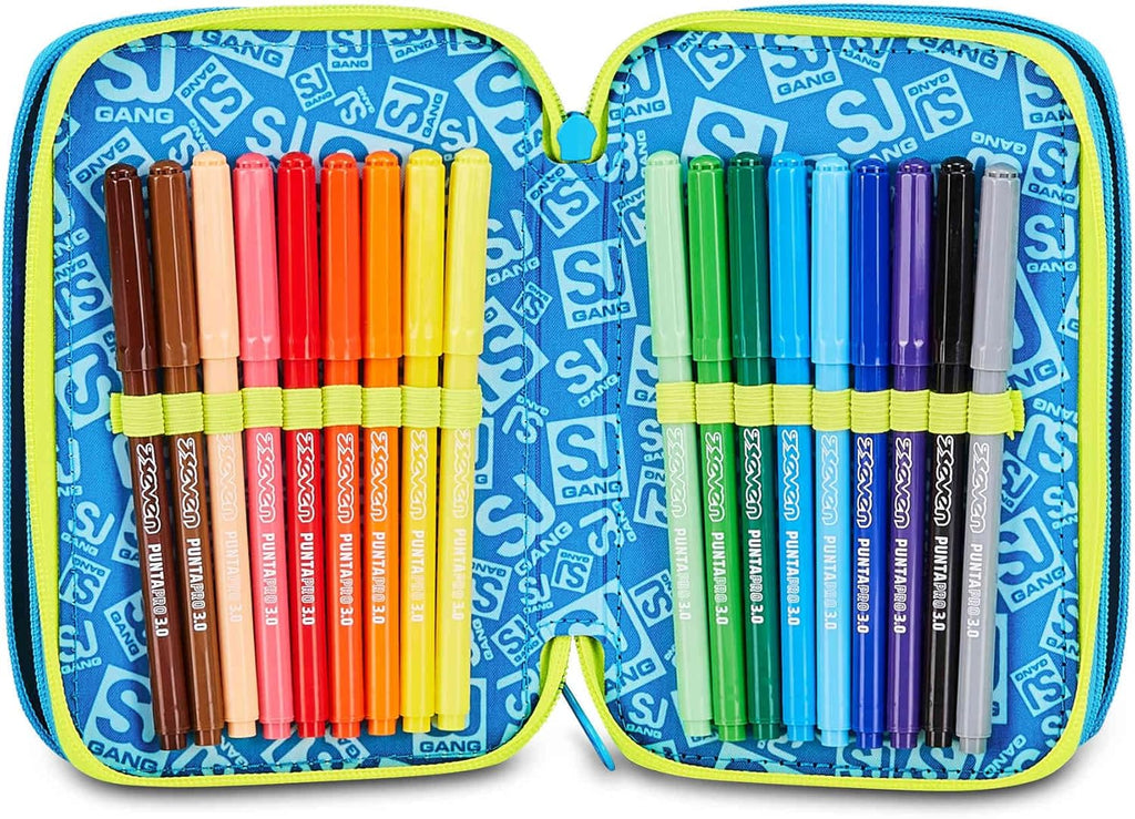 SJ Gang Astuccio Scuola 3 Zip 3D Glowgame Blu con Pallone in Rilievo