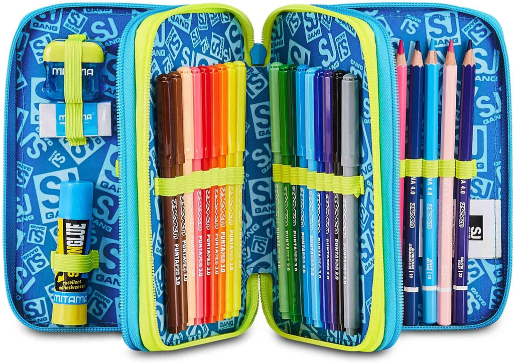 SJ Gang Astuccio Scuola 3 Zip 3D Glowgame Blu con Pallone in Rilievo