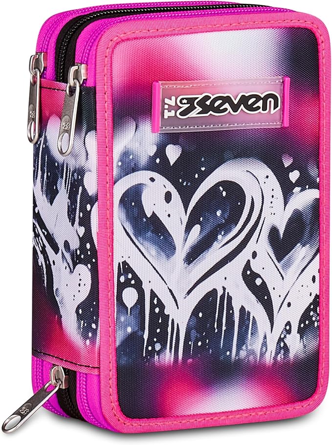 Seven Astuccio Scuola 3 zip PLUMPY LINE GIRL, Rosa, Portapenne attrezzato, Triplo scomparto, 45 pezzi, Completo di penne, matite e colori