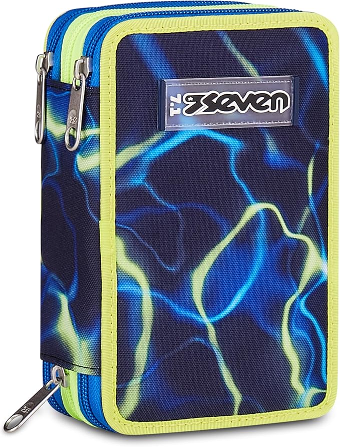 Seven Astuccio Scuola 3 zip ELECTRICVIBE BOY, Blu, Portapenne attrezzato, Triplo scomparto, 45 pezzi, Completo di penne, matite e colori