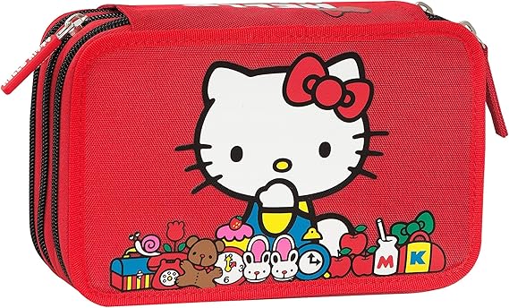 HELLO KITTY - Astuccio Scuola Ufficiale Hello Kitty, Astuccio 3 Scomparti Bambino e Bambina con Set Cancelleria, Penna Cancellabile Blu e Pratica Chiusura a Zip, 20x13Hx7 cm