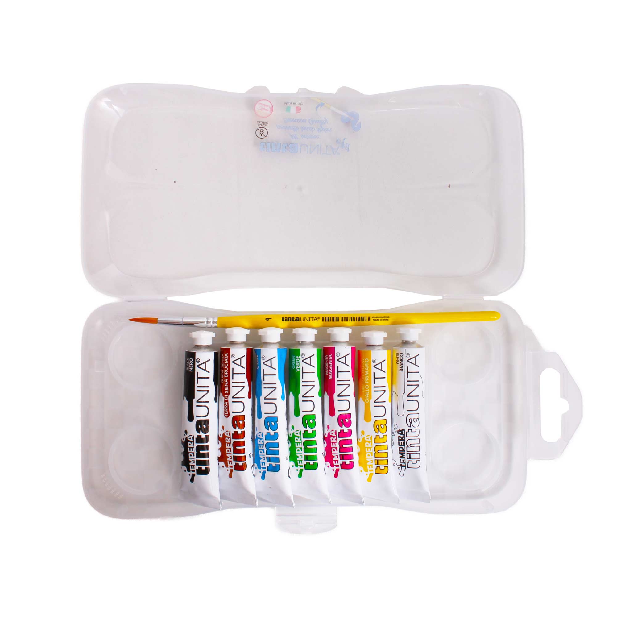 Tinta Unita tempera da 12 ml scatola da 7 colori primari -bianco, giallo primario, rosso scarlatto, blu oltremare, verde, terra di siena, nero
