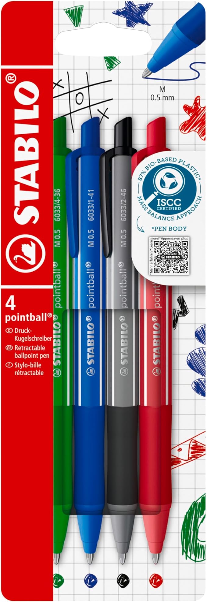 STABILO pointball colorful - Penna a Sfera - Pack da 4 - Verde/Blu/Nero/Rosso