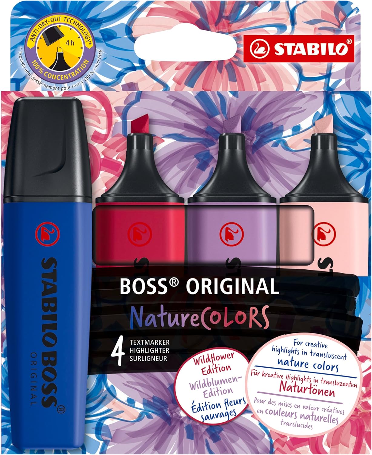 STABILO BOSS ORIGINAL - Evidenziatore - NatureCOLORS Wildflower - Astuccio da 4 - Cipria/Blu elettrico/Giglio Viola/Borgogna